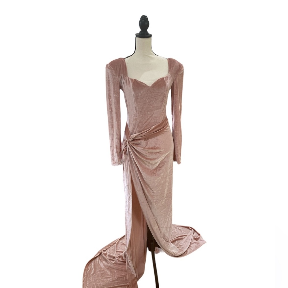 Long Sleeve Velvet High Slit Gown with Gloves - Picture 1 of 4